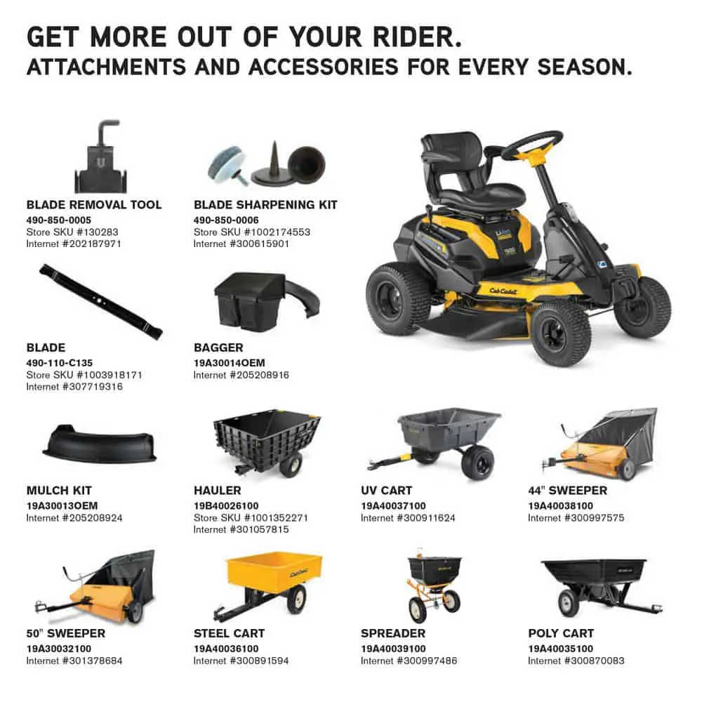 Cub Cadet CC30E Lithium Ion Battery Powered Riding Mower 30" - Attachment List